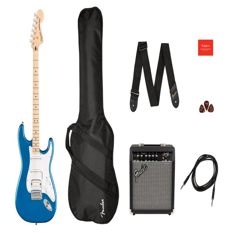 Squier Affinity Series Stratocaster HSS Pack, Maple Fingerboard, Lake Placid Blue, Gig Bag, 15G - 230V UK